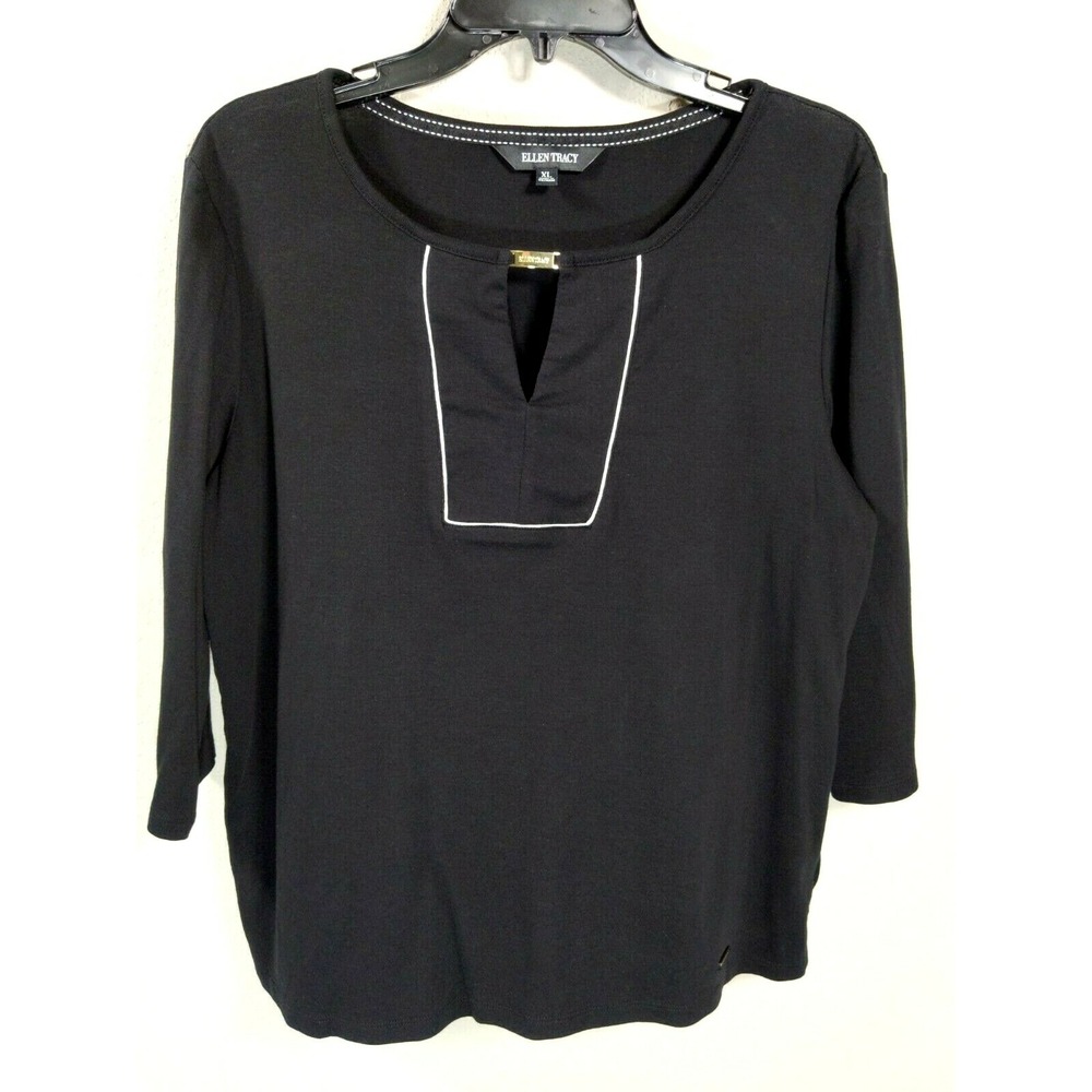 Ellen Tracy Black Knit Blouse‎ Top Keyhole Neck 3/4 Sleeve Size XL